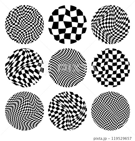 Trendy round checkered pattern, distorted tiled grid. Wavy curved backdrop, distortion effect. Funky geometric chessboard texture, retro background in 90s style, y2k. Vector illustration 119529657