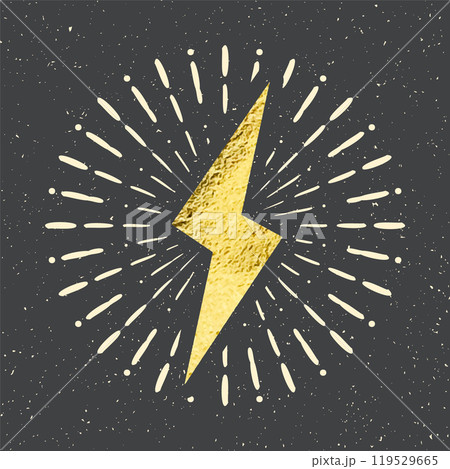 Vintage golden lightning bolt and sun rays. Gold foil texture. Lightning with sunburst effect. Thunderbolt, electric shock sign. Vector illustration Vintage golden lightning bolt and sun rays. Gold foil texture. Lightning with sunburst effect. Thunderbolt, electric shock sign. Vector illustration 119529665
