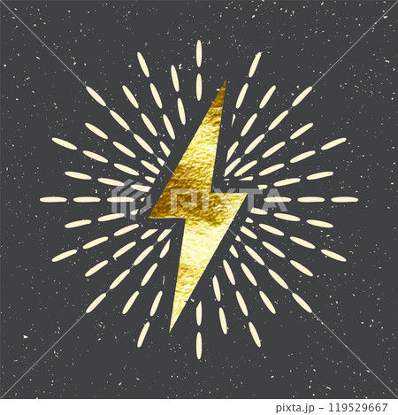 Vintage golden lightning bolt and sun rays. Gold foil texture. Lightning with sunburst effect. Thunderbolt, electric shock sign. Vector illustration Vintage golden lightning bolt and sun rays. Gold foil texture. Lightning with sunburst effect. Thunderbolt, electric shock sign. Vector illustration 119529667