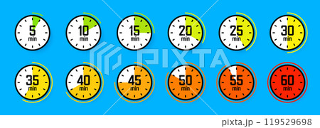 Stopwatch icons. Colorful simple chronometer, time counter with dial. Countdown timer showing hours and minutes. Deadline, measurement for sport. Cooking time label, sticker. Vector illustration 119529698