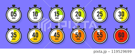 Stopwatch icons. Colorful simple chronometer, time counter with dial. Countdown timer showing hours and minutes. Deadline, measurement for sport. Cooking time label, sticker. Vector illustration Stopwatch icons. Colorful simple chronometer, time counter with dial. Countdown timer showing hours and minutes. Deadline, measurement for sport. Cooking time label, sticker. Vector illustration 119529699