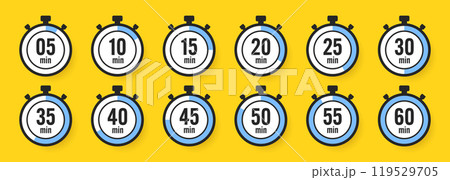 Stopwatch icons. Colorful simple chronometer, time counter with dial. Countdown timer showing hours and minutes. Deadline, measurement for sport. Cooking time label, sticker. Vector illustration 119529705