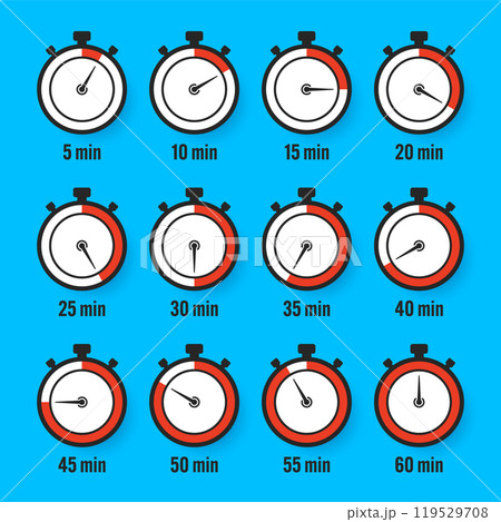 Stopwatch icons. Colorful simple chronometer, time counter with dial. Countdown timer showing hours and minutes. Deadline, measurement for sport. Cooking time label, sticker. Vector illustration 119529708