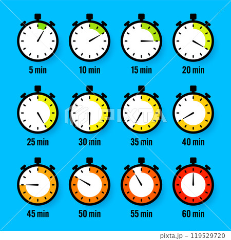 Stopwatch icons. Colorful simple chronometer, time counter with dial. Countdown timer showing hours and minutes. Deadline, measurement for sport. Cooking time label, sticker. Vector illustration 119529720