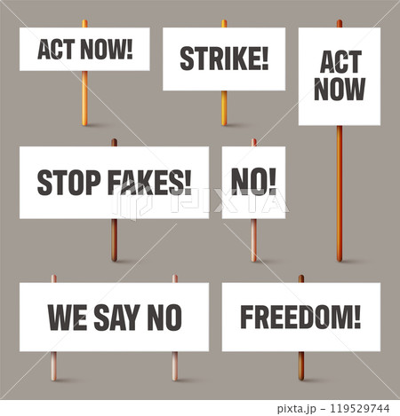 Blank white protest signs with text slogans on wooden holder. Various realistic vector demonstration banners. Strike action cardboard placard mockup. Social advertisement. Vector illustration 119529744