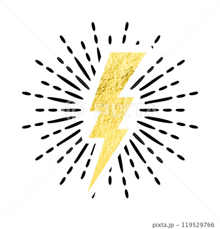 Vintage golden lightning bolt and sun rays. Gold foil texture. Lightning with sunburst effect. Thunderbolt, electric shock sign. Vector illustration Vintage golden lightning bolt and sun rays. Gold foil texture. Lightning with sunburst effect. Thunderbolt, electric shock sign. Vector illustration 119529766
