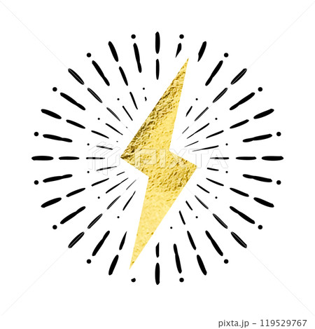 Vintage golden lightning bolt and sun rays. Gold foil texture. Lightning with sunburst effect. Thunderbolt, electric shock sign. Vector illustration Vintage golden lightning bolt and sun rays. Gold foil texture. Lightning with sunburst effect. Thunderbolt, electric shock sign. Vector illustration 119529767