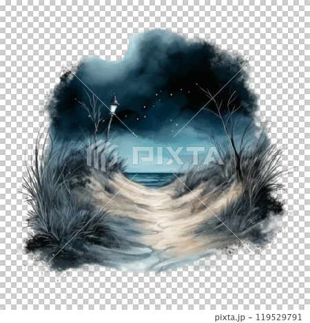 Nighttime Path Leading to the Sea with a Lamppost and a Starry Sky 119529791