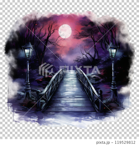 A Wooden Bridge Leading Through a Dark, Foggy Forest Under a Full Moon A Wooden Bridge Leading Through a Dark, Foggy Forest Under a Full Moon 119529812