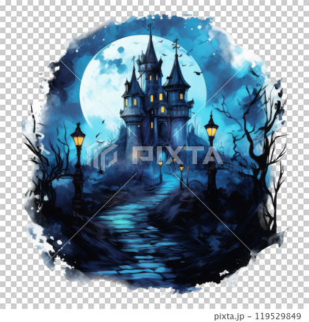 A Spooky, Blue-Lit Castle Under a Full Moon 119529849