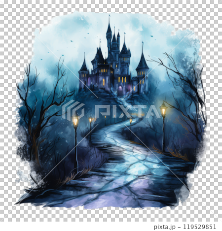 A winding path leads up to a towering stone castle, lit by glowing lanterns. 119529851