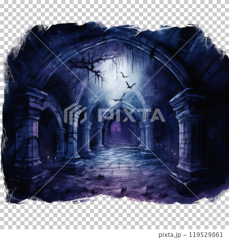 Dark and Mysterious Stone Corridor with Bats and Candles 119529861
