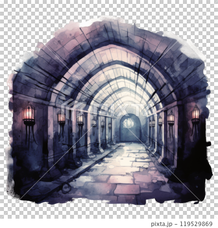 A Watercolor Depiction of a Dark and Eerie Stone Passageway 119529869