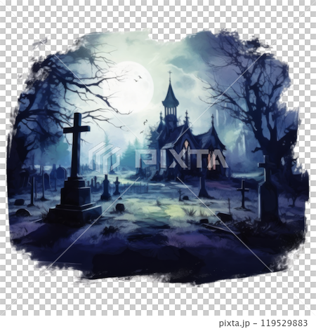 A Gothic Church and Cemetery Under a Full Moon 119529883
