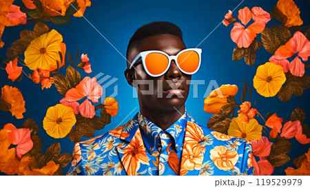 Modern pop art portrait of handsome man in white sunglasses on blue floral background. Contemporary drawing painting poster of stylish fashion people in vintage retro style Modern pop art portrait of handsome man in white sunglasses on blue floral background. Contemporary drawing painting poster of stylish fashion people in vintage retro style 119529979