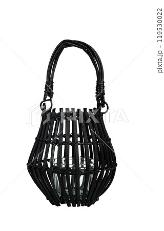 Modern wicker candlestick. Aromatic home decor. Black wicker candlestick in the form of lamp. An isolated object on white background. 119530022