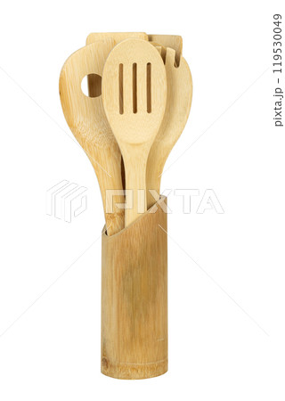 wooden cooking utensils in a bamboo holder on a white Background Wooden kitchen utensils isolated on white background wooden cooking utensils in a bamboo holder on a white Background Wooden kitchen utensils isolated on white background 119530049