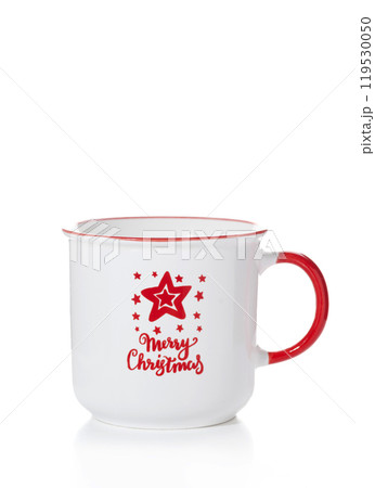 A white cup with a red handle and New Year inscriptions and patterns isolated on a white background A white cup with a red handle and New Year inscriptions and patterns isolated on a white background 119530050