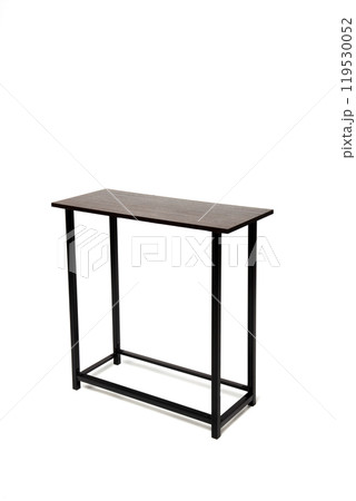 Narrow console table with a wooden surface and iron legs isolated on white background Narrow console table with a wooden surface and iron legs isolated on white background 119530052