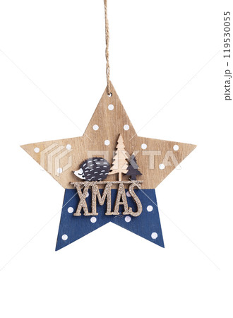 Christmas star made of wood. Christmas decoration. Christmas tree toy. Isolate on a white background. Christmas star made of wood. Christmas decoration. Christmas tree toy. Isolate on a white background. 119530055