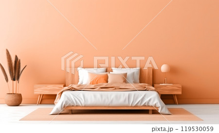 Modern minimalist bedroom interior with soft peach fuzz color empty wall. Modern trendy tone hue shade 119530059