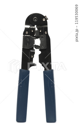 Modular plug crimper for RJ-45, white background, Crimper, Twisting Cable Tool for Crimping RJ45 LAN cable. isolated on white Modular plug crimper for RJ-45, white background, Crimper, Twisting Cable Tool for Crimping RJ45 LAN cable. isolated on white 119530069