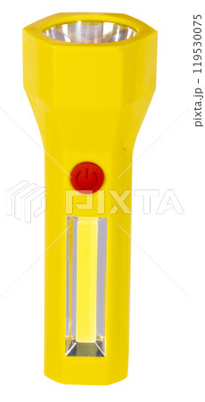 Yellow LED flashlight on batteries isolated on white Yellow LED flashlight on batteries isolated on white 119530075