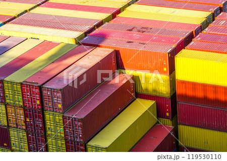 Colorful cargo containers stacked in several layers in the port industrial area 119530110