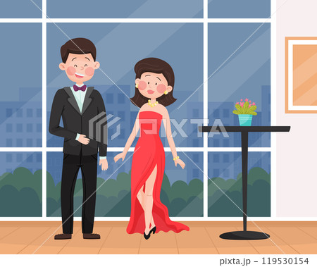 Man and Woman Celebrity at Gala Ceremony Standing in Fancy Dress Vector Illustration 119530154