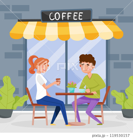 Street Food Cafe with Man and Woman Sit at Table Drink Coffee Vector Illustration 119530157
