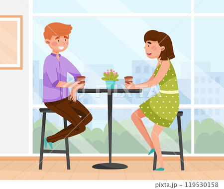 Street Food Cafe with Man and Woman Sit at Table Drink Coffee Vector Illustration 119530158