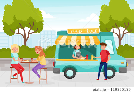 Street Food Cafe with Man and Woman Sit at Table Drink Coffee and Eat Hot Dog Vector Illustration 119530159
