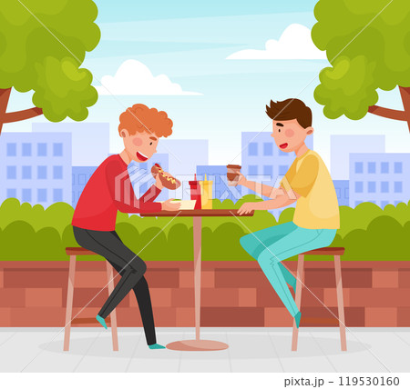 Street Food Cafe with Man Sit at Table Drink Coffee and Eat Hot Dog Vector Illustration Street Food Cafe with Man Sit at Table Drink Coffee and Eat Hot Dog Vector Illustration 119530160
