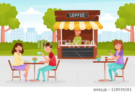 Street Food Cafe with Man and Woman Sit at Table Drink Coffee Vector Illustration 119530161