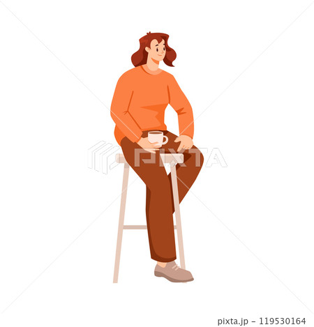 Woman Character Sitting on Chair with Coffee Cup and Listen Vector Illustration Woman Character Sitting on Chair with Coffee Cup and Listen Vector Illustration 119530164