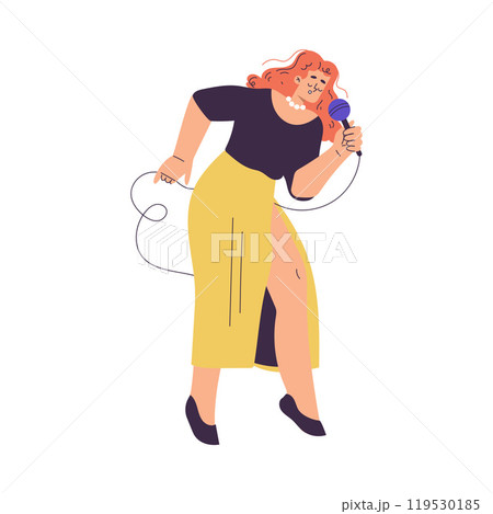 Woman Character Singing with Microphone Enjoy Karaoke Vector Illustration 119530185