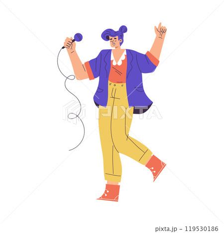Woman Character Singing with Microphone Enjoy Karaoke Vector Illustration 119530186