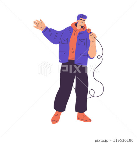 Man Character Singing with Microphone Enjoy Karaoke Vector Illustration 119530190