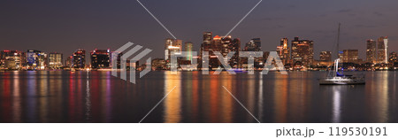 Panoramic view of Boston skyline and harbor at night with Atlantic Ocean on the foreground, USA  119530191