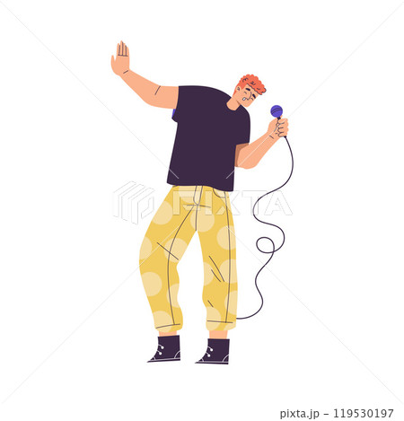 Man Character Singing with Microphone Enjoy Karaoke Vector Illustration 119530197