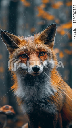 Close-up red fox standing rain autumn leaves...のイラスト素材 [119530531] - PIXTA