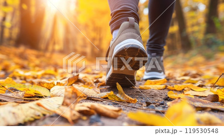 Close-up of hiker's shoes walking on a path covered with colorful autumn leaves in a forest 119530548