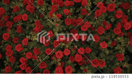 Top-down view of vibrant red roses with green leaves creating a picturesque floral arrangement in a garden Top-down view of vibrant red roses with green leaves creating a picturesque floral arrangement in a garden 119530553