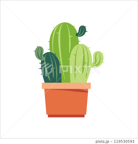 Illustration of multiple green cacti in a terracotta pot on a white background. Concept of indoor plants, gardening, and nature 119530593