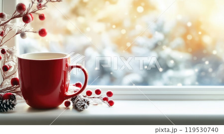 a red coffee cup sitting on a white windowsill, decorated with frosted pinecones and red berries, with a snowy, softly blurred winter background 119530740