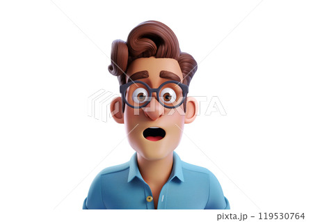 Portrait of surprised shocked scared cartoon character adult man male person wearing casual blue shirt in 3d style design on light background. Human people feelings expression concept Portrait of surprised shocked scared cartoon character adult man male person wearing casual blue shirt in 3d style design on light background. Human people feelings expression concept 119530764