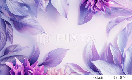 Tropical leaves in pastel violet and purple hues cast soft shadows on a light background with empty copy space for text. Monstera palm leaf summer flat lay backdrop 119530765