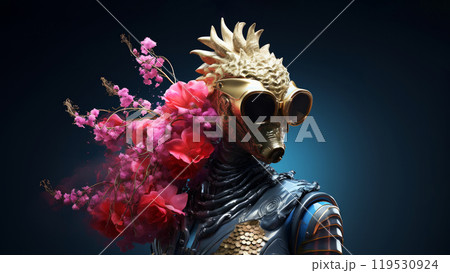 Portrait of hyperrealistic cyberpunk sea horse character wearing golden sunglasses and holding bouquet of flowers on minimal dark background. Modern pop art illustration Portrait of hyperrealistic cyberpunk sea horse character wearing golden sunglasses and holding bouquet of flowers on minimal dark background. Modern pop art illustration 119530924