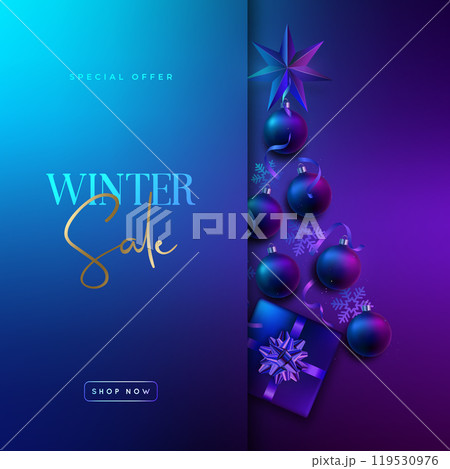 Winter sale banner with neon Christmas tree and gifts Winter sale banner with neon Christmas tree and gifts 119530976