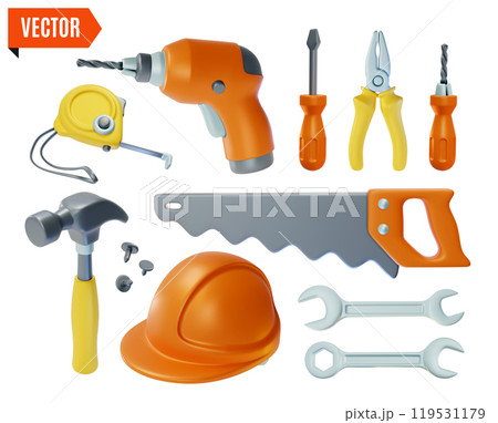 3d Repair Tools Set Cartoon Design Style Include of Hand Saw, Wrench and Measuring Tape. Vector illustration 119531179